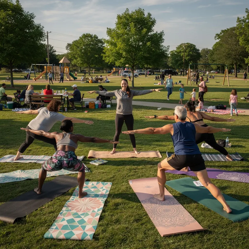 Dzieci uczestniczące w zajęciach jogi na trawie w parku.