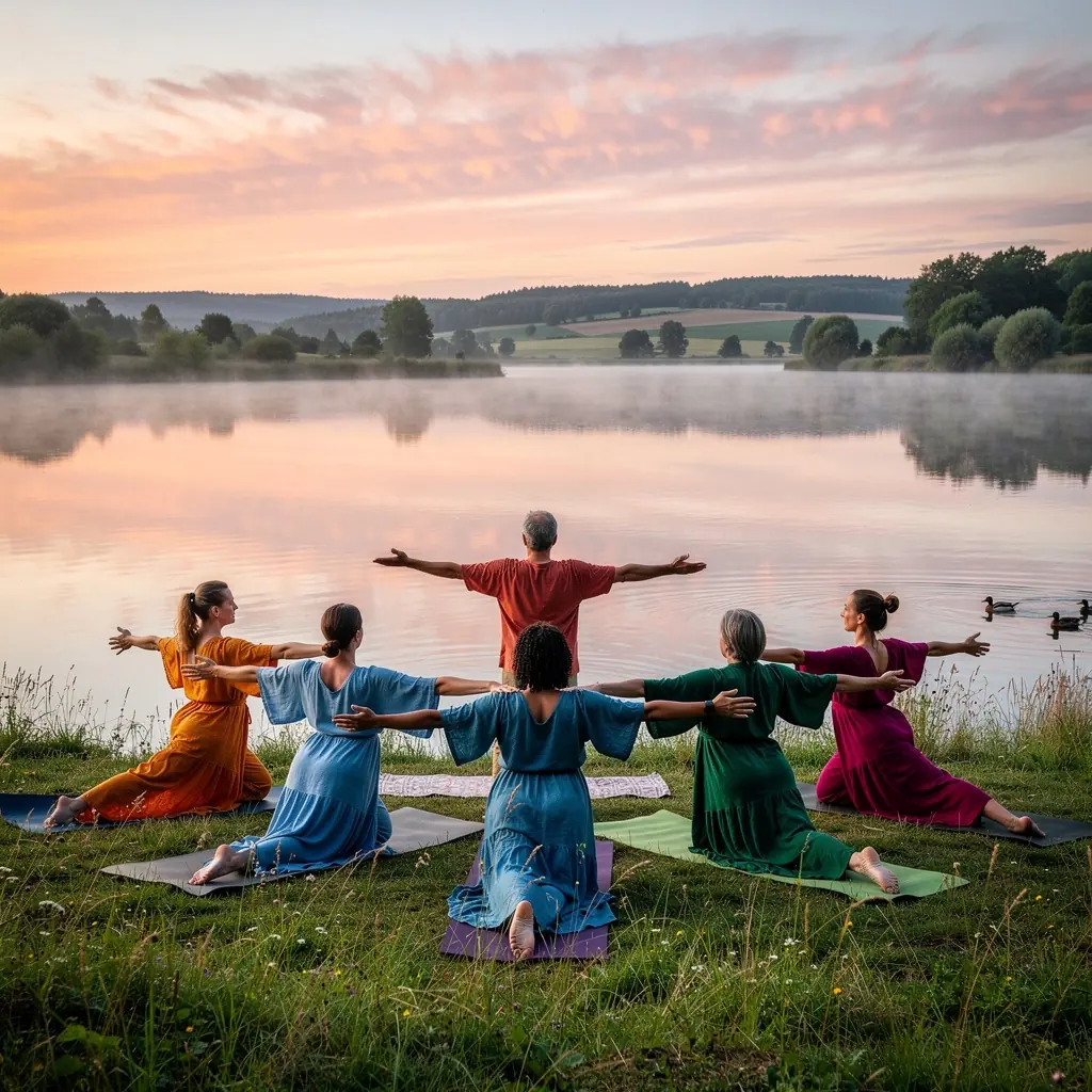 Grupa osób ćwiczących jogę w parku w otoczeniu drzew.