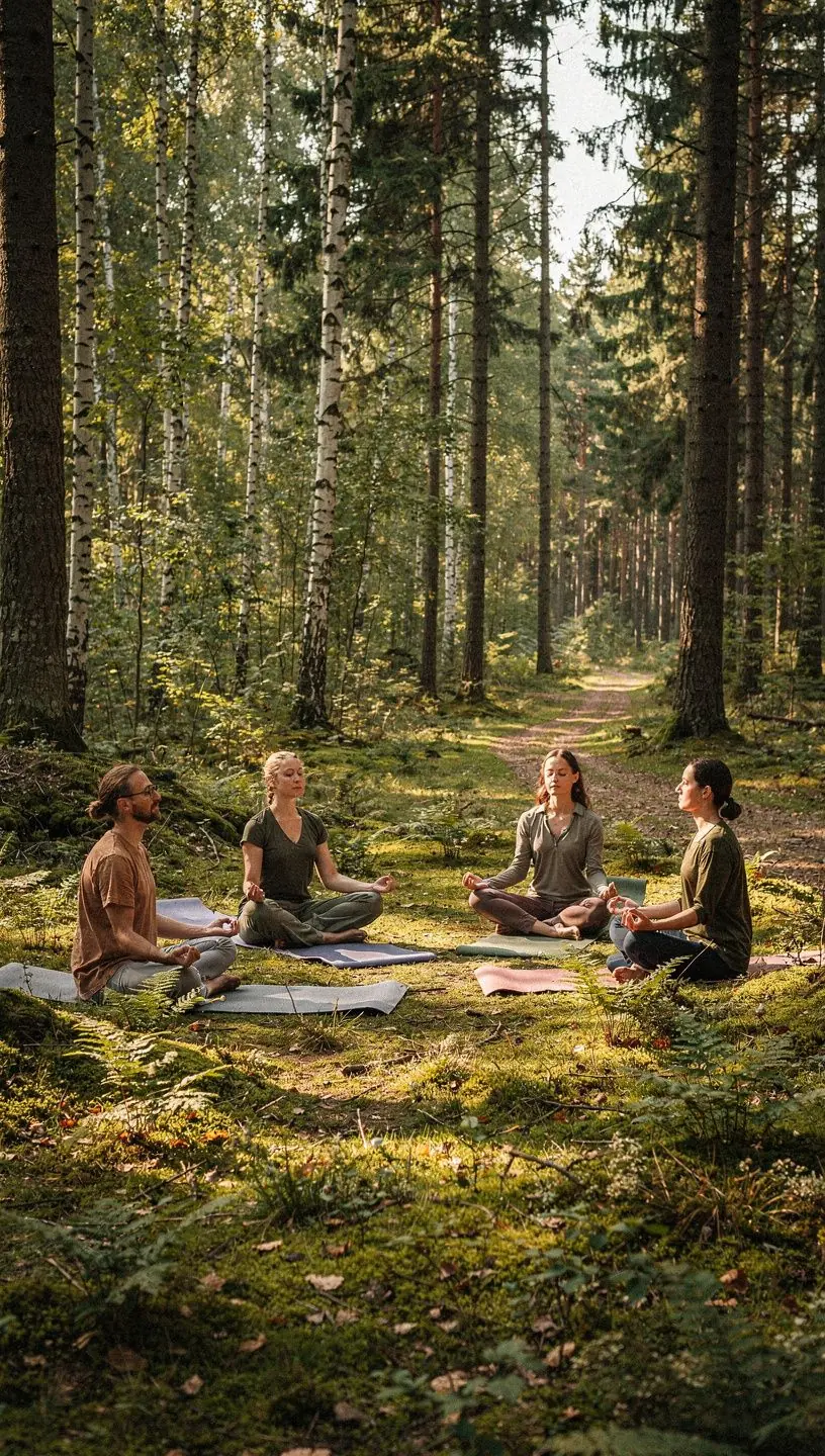 Kobieta medytująca na leżaku w ogrodzie pełnym zieleni.