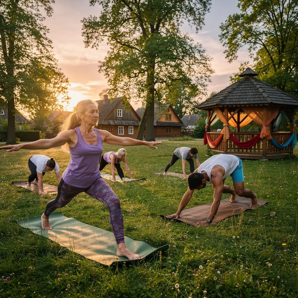 Kobieta medytująca na leżaku w ogrodzie pełnym zieleni.