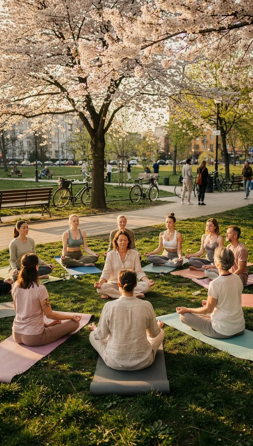 Kobieta medytująca na leżaku w ogrodzie pełnym zieleni.