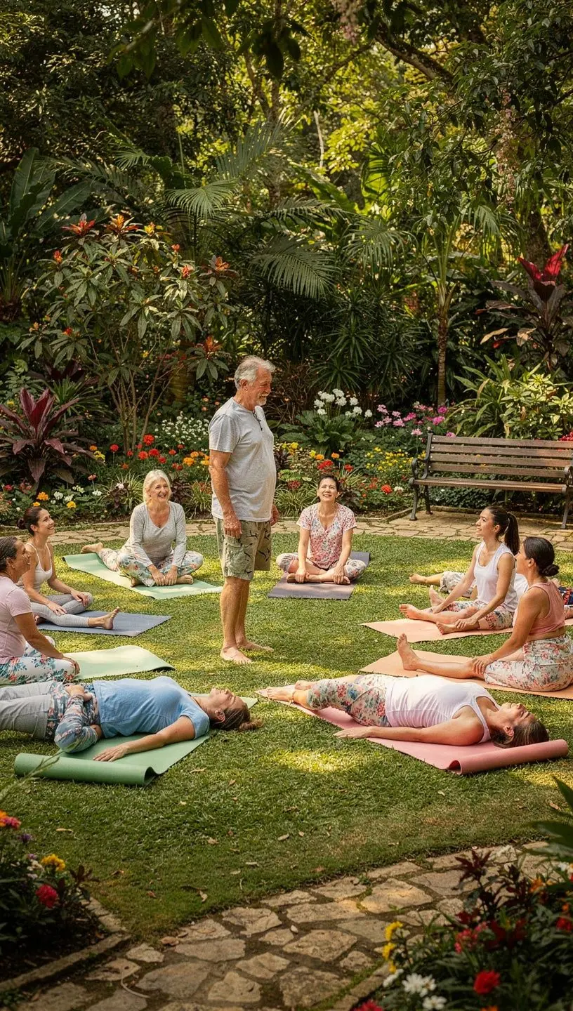 Kobieta medytująca na leżaku w ogrodzie pełnym zieleni.