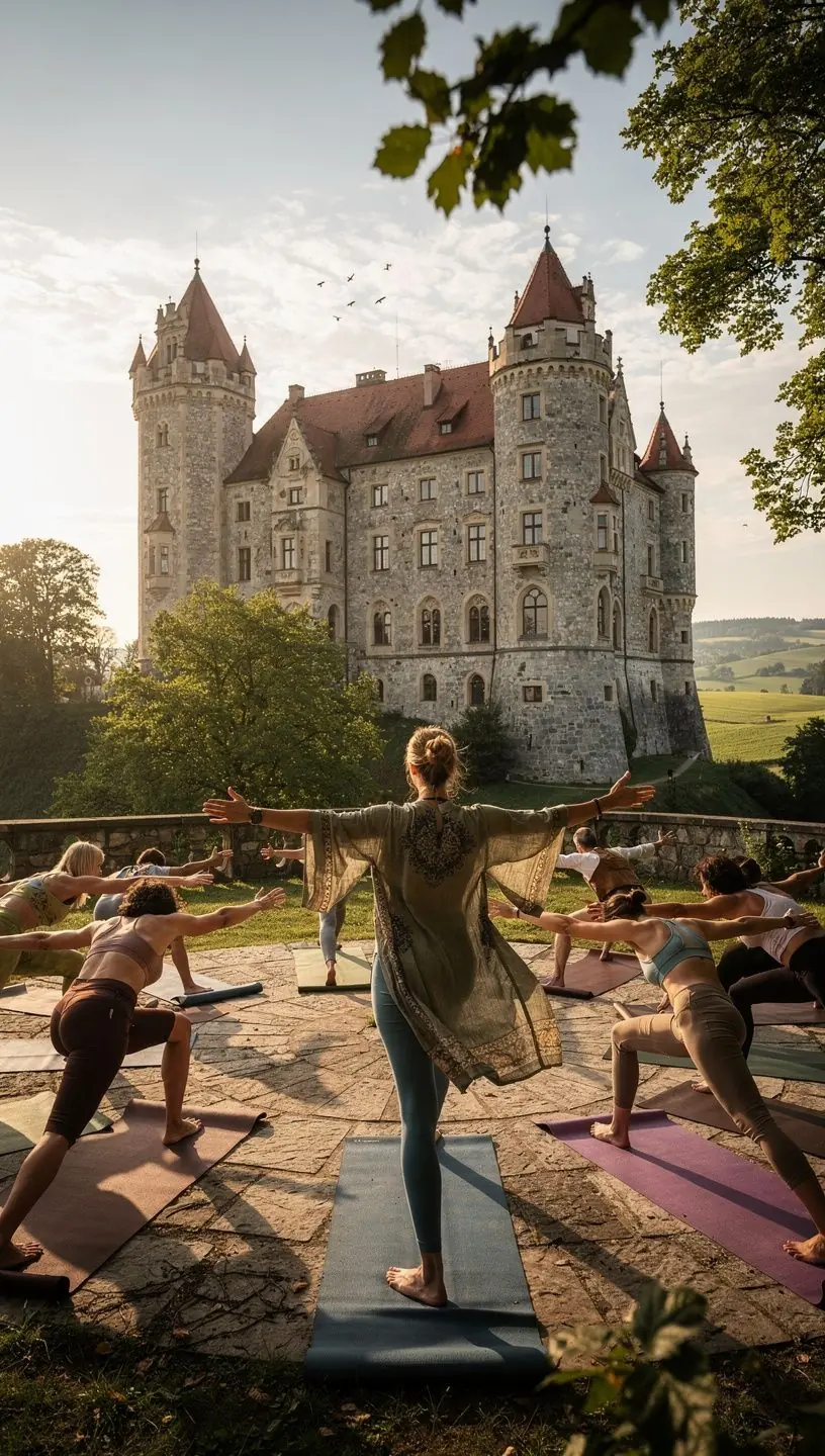 Kobieta medytująca na leżaku w ogrodzie pełnym zieleni.