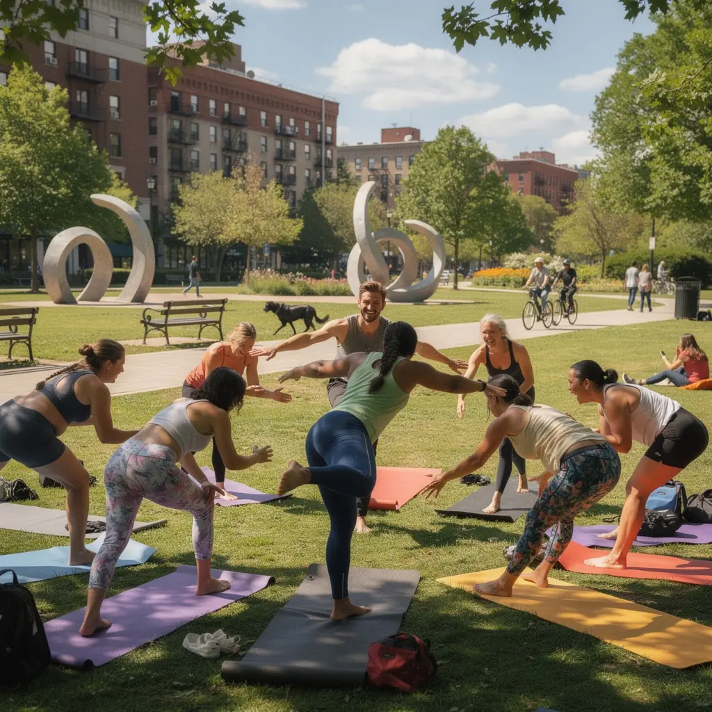 Kobieta medytująca na leżaku w ogrodzie pełnym zieleni.