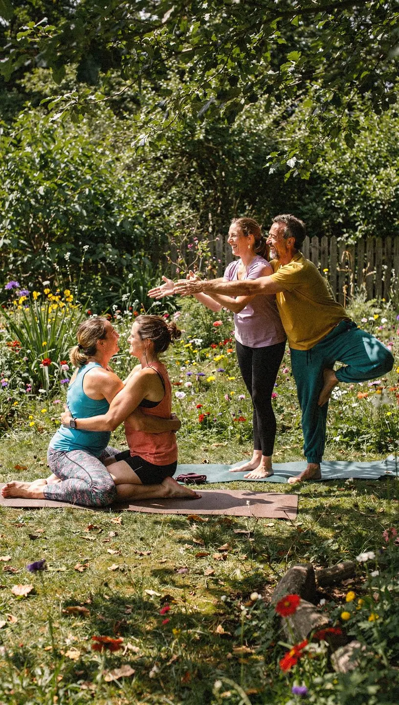 Kobieta medytująca na leżaku w ogrodzie pełnym zieleni.