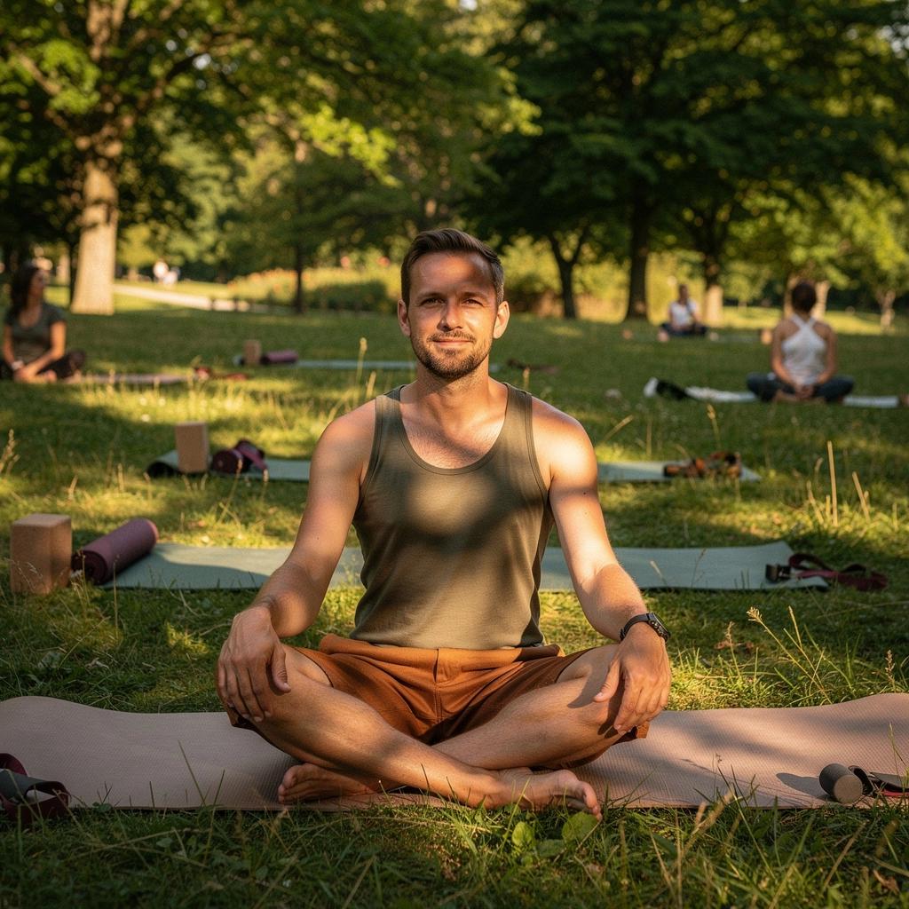 Grupa ludzi praktykujących jogę na trawie w słonecznym parku, otoczona drzewami.