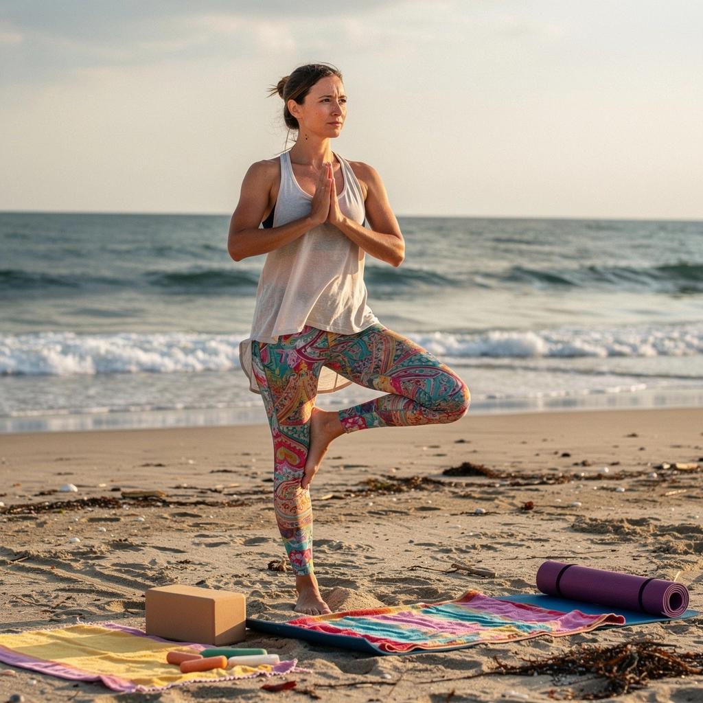 Kobieta wykonująca pozycję wojownika na plaży, z widokiem na morze i piasek.