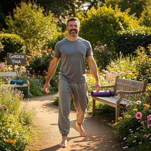 Mężczyzna medytujący w ogrodzie, z kwiatami i zielonymi roślinami wokół.